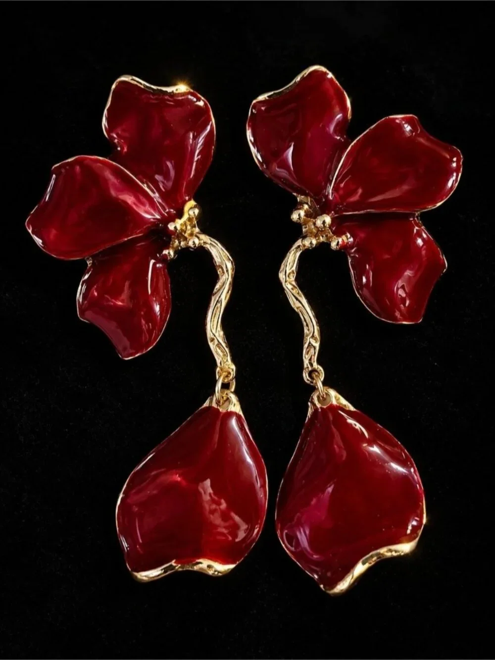 Ruby Red Floral Statement Earrings | Gold Tone Designer-Inspired Drop Earrings